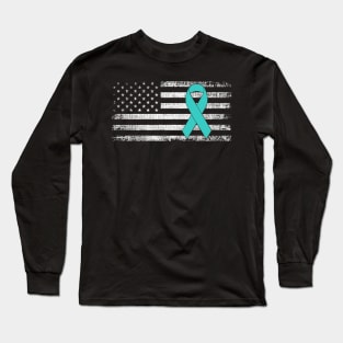 Ovarian Cancer Awareness Ribbon Classic American Flag Long Sleeve T-Shirt